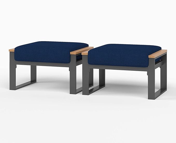 Sundale Outdoor 2 Pieces Aluminum Patio Ottoman, Outdoor Footstool with Sandwich Foam Cushions, Olefin Fabric, Small Metal Outdoor Chairs for Deck, Backyard, Porch (Blue)