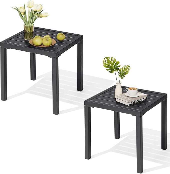 Crestlive Products Outdoor Side Table Set of 2,Black Small Square Metal End Table Weather Resistant Balcony Table for Pool Patio