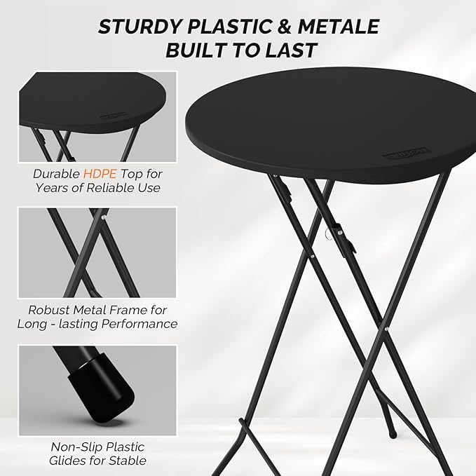 VINGLI 24" Plastic Folding Round Table Bar Height, HDPE Matrial with Gray Metal Finish, High Top Table for Outdoor Party, Cafes, Restaurants, Backyard, Dining Room, Wedding Event,1 Pack, Black