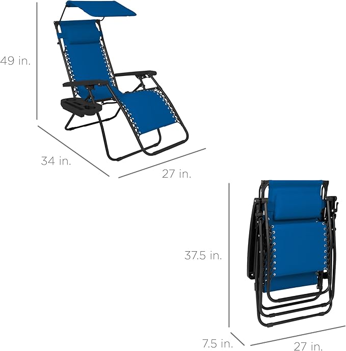 Best Choice Products Folding Zero Gravity Outdoor Recliner Patio Lounge Chair w/Adjustable Canopy Shade, Headrest, Side Accessory Tray, Textilene Mesh - Marine Blue