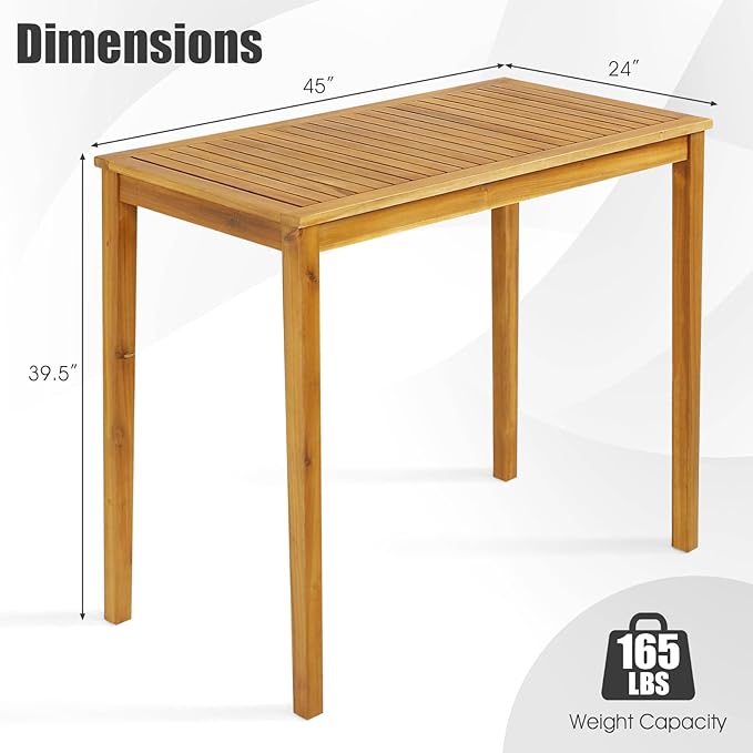 Tangkula Outdoor Acacia Wood Bar Table, 45” Rectangular Bar Height Farmhouse Rustic Dining Table with Slatted Tabletop, for Patio Porch Garden Deck, Teak Finish