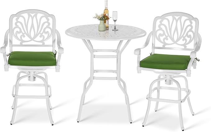 VIVIJASON 3-Piece Patio Swivel Bar Stools Set, All Weather Cast Aluminum Outdoor Bar Height Bistro Set with 2 Cushioned Bar Chairs & 35.4" High Bar Table w/Umbrella Hole for Backyard, Lawn, White