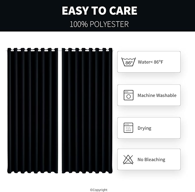 Waterproof Outdoor Curtain W105 x L95 - Grommet Top Sunlight Blocking Window Treatment Drapes Blackout Curtains for Home Bedroom Living Room Outdoor Patio Porch Pergola Cabana Gazebo (Black)