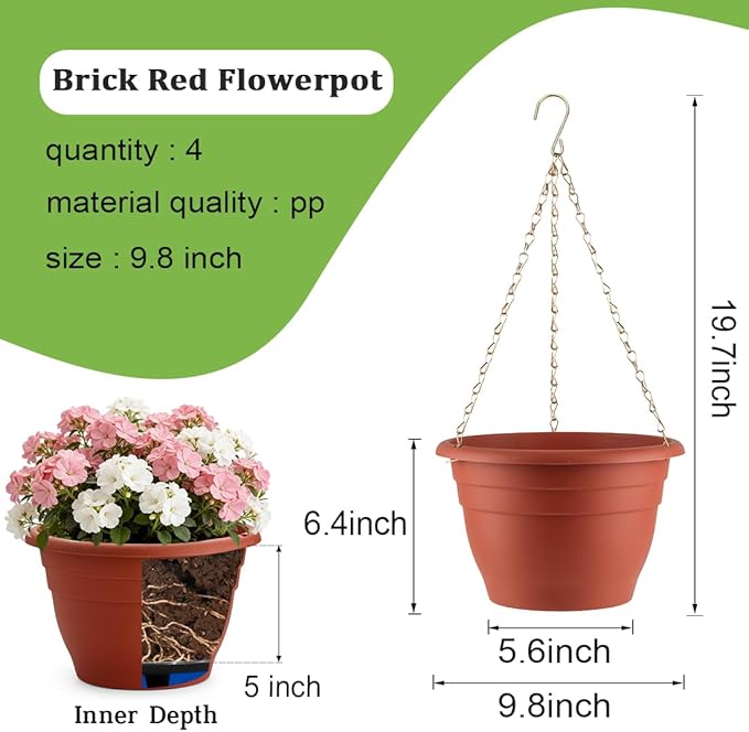 Hanging Planters 10 Inch, 4 Pcs Flower Pots with Drainage Hole, Self Watering Hanging Basket for Indoor Outdoor Plants, Decor, Pottery Red