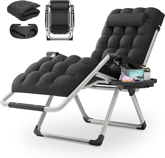 MoNiBloom Reinforced Zero Gravity Chair, Folding Pool Beach Lounger, Portable Tanning Chaise with Cushion, Headrest and Side Tray, 330lbs Capacity - Black