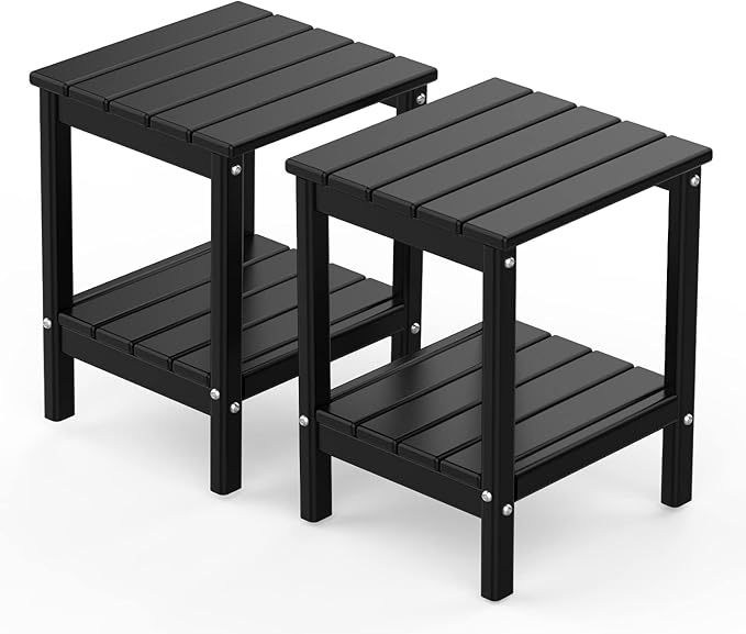 GREENVINES Adirondack-Outdoor-Side-Table | Set of 2 | 14 x 13 Inches | HDPE Plastic | All Weather | Black | Outside End Tables | Storage Shelf | for Patio Porch Backyard Indoor