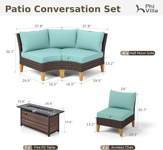 PHI VILLA 7-Piece Half Moon Patio Furniture Set with 56" Fire Pit Table, Outdoor Wicker Sectional Sofa with Aqua Blue Cushions, Large Curved Conversation Seating for Garden or Backyard