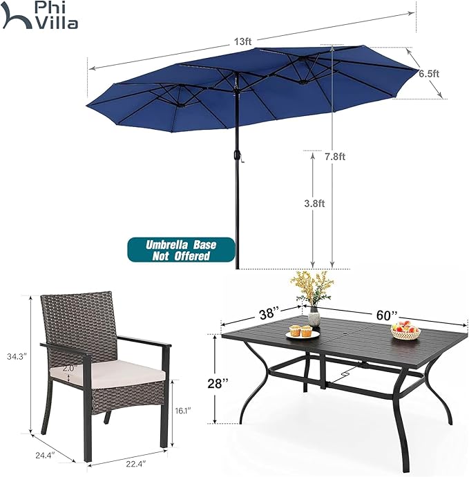 PHI VILLA 7 Pieces Patio Dining Set with Umbrella for 6, 60” Large Metal Iron Dining Table & Cushioned Rattan Wicker Chairs & 13ft Navy Blue Umbrella for Patio, Deck, Yard, Porch