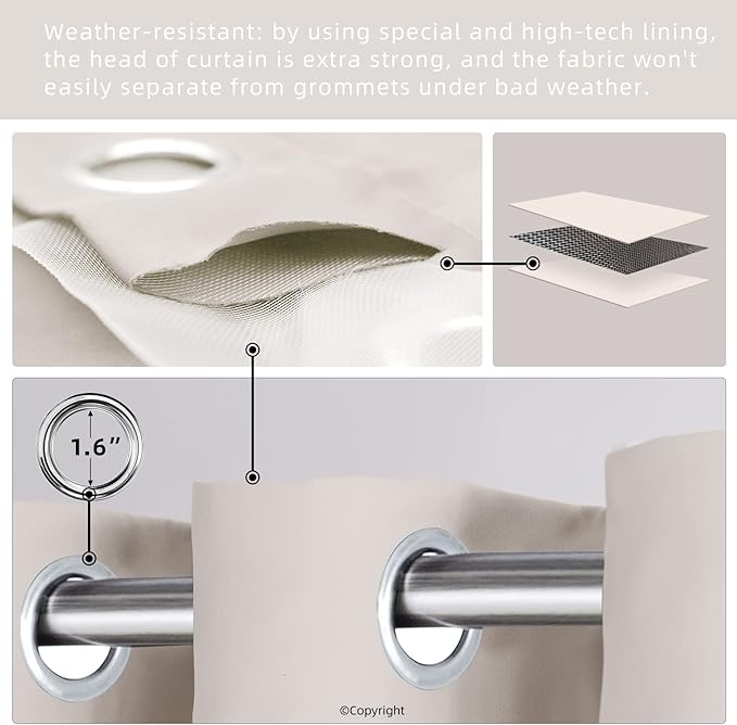 Outdoor Indoor Curtains W52 x L108 for Patio - Weather-resistant Window Panels Privacy Protect Grommet Top Thermal Insulated Home Curtain for Porch Pergola Lawn Garden Hot Tub Area (2 Panels)
