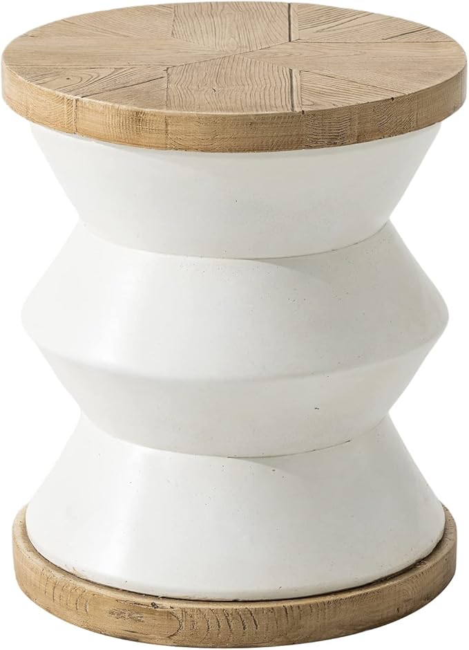 COSIEST White Outdoor Side Table, Round MgO Concrete End Patio Side Table, Lightweight Cylinder Top Plant Stand with Rotund Base for Garden and Deck
