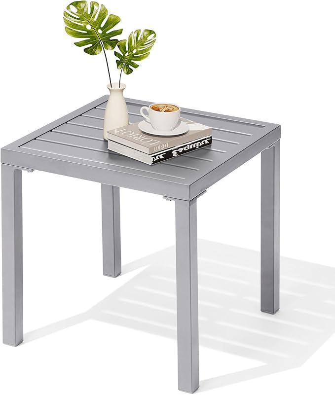 Crestlive Products Outdoor Side Table, Small Square Metal End Table Easy Assembly & Weather Resistant Pool Side Tables for Patio Balcony（Light Gray