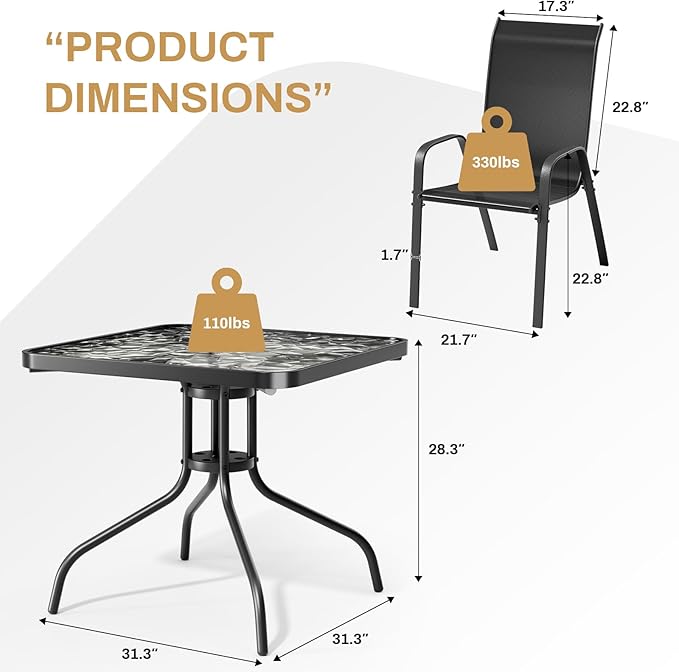 Arlopu 5 Piece Outdoor Patio Dining Set (Umbrella not Included), Porch Furniture with 4 Textline Chairs, 1 Square Glass Table for Garden, Backyard and Poolside, Lawn (Black)