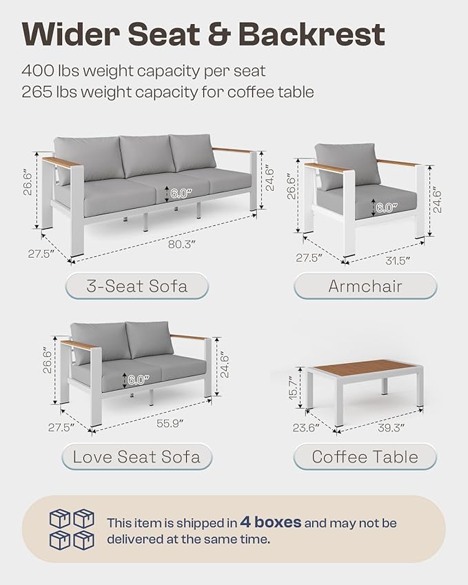 Aluminum Outdoor Patio Furniture Set with Coffee Table, 5 Piece Patio Conversation Sets with Washable Thick Cushions, Patio Sectional Furniture Set for Porch, Balcony, Deck, White