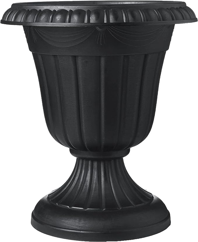 Arcadia Garden Products PL10BK Classic Traditional Plastic Urn Planter Indoor/Outdoor, 15" x 13", Black