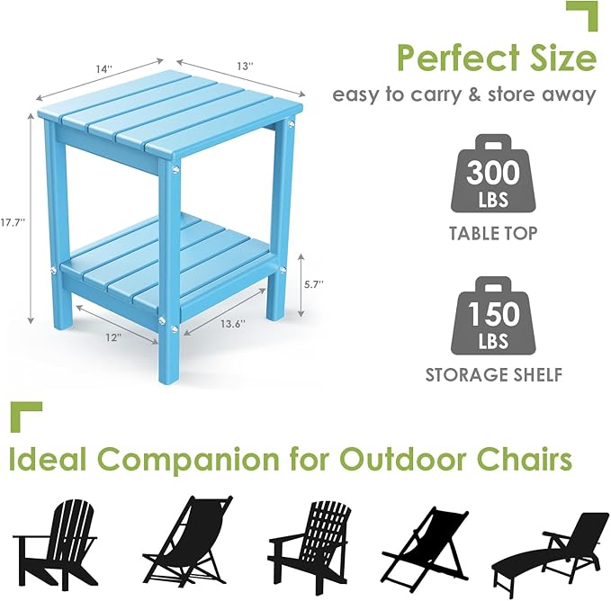 GREENVINES Adirondack-Outdoor-Side-Table | Set of 2 | 14 x 13 Inches | HDPE Plastic | All Weather | Arctic | Outside End Tables | Storage Shelf | for Patio Porch Backyard Indoor