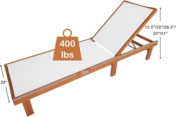 COSTWAY Set of 2 Patio Wood Chaise Lounge Chair, Strong Eucalyptus Wood Frame, 5-Position Adjustable Outdoor Recliner with White Mesh