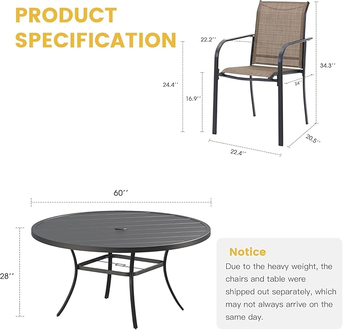 VICLLAX Large Patio Dining Furniture Set, Outdoor Dining Set for 10-60" Round Outdoor Table and Patio Stackable Chairs, Black Tabletop and Brown Fabric