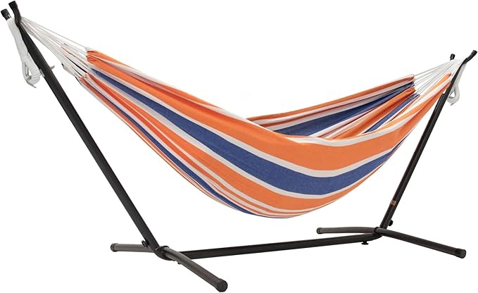 Vivere Double Cotton Hammock with Space Saving Steel Stand, Upgraded Polyester End Strings 450 lb Capacity - Premium Carry Bag Included - USA Grown Cotton (Orange Punch)