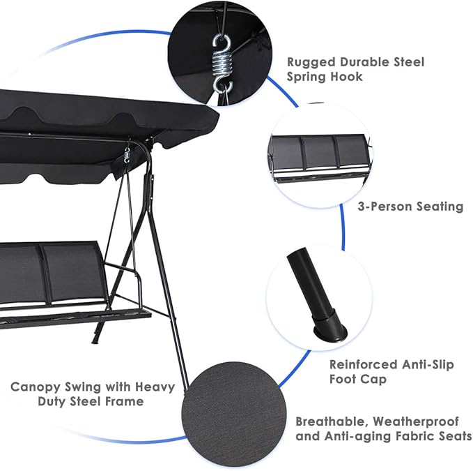 TANGKULA 3 Person Patio Swing, Steel Frame with Polyester Angle Adjustable Canopy, All Weather Resistant Swing Bench, Suitable for Patio, Garden, Poolside, Balcony (Black)