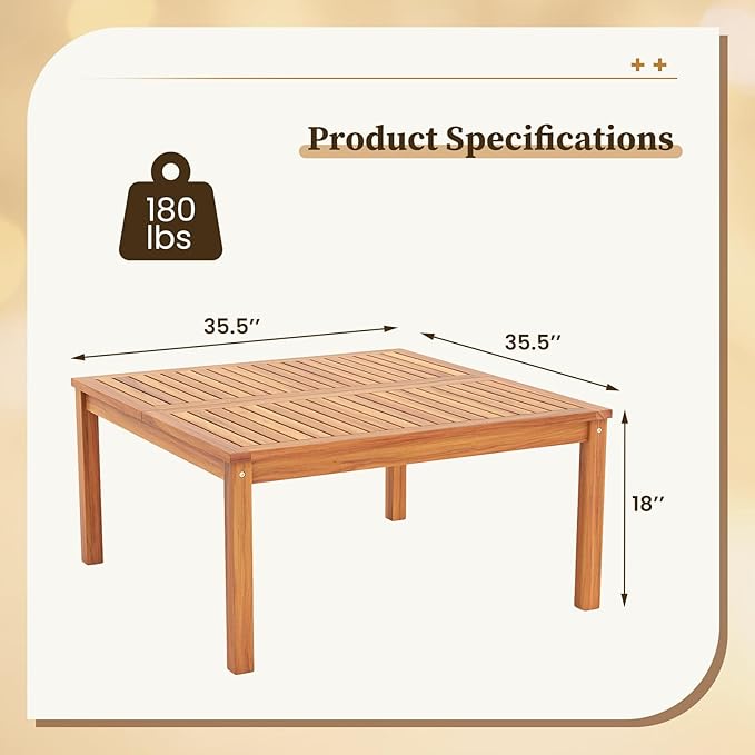 RELAX4LIFE Wood Outdoor Coffee Table - 35.5’’ Square Patio Tables w/Slatted Tabletop & Solid Legs, Patio Dining for Balcony Garden Porch Poolside Deck, Acacia Wooden Outdoor Side Table