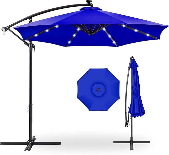 Best Choice Products 10ft Solar LED Offset Cantilever Hanging Market Patio Umbrella, 8 Sturdy Ribs, Easy Adjustment - Resort Blue