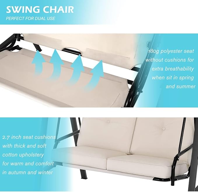 AECOJOY 2-Seat Outdoor Patio Swing Chair with Adjustable Canopy, Porch Swings Chairs for Adult, Outside Swing Bench with Removable Cushion, Suitable for Backyard, Garden, Yard, Poolside, Balcon,Beige
