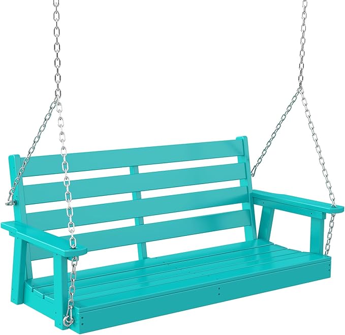 IVY&LANE Outdoor Porch Swing | HDPE Plastic | 2-Person | Hanging Bench Swings | Weatherproof | 4 Stainless Steel Chains | Aqua | for Outside Patio Garden Backyard Tree