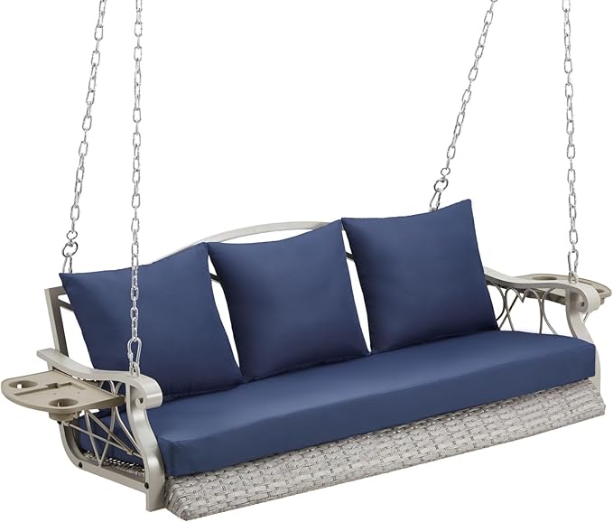 Heavy Duty 900 LBS Porch Swing Chair 3-Person Outdoor Rattan Patio Swing Lounge w/Cup-Holder & Steel Chains Wicker Hanging Bench Porch Swing Cushions for Deck & Backyard & Garden