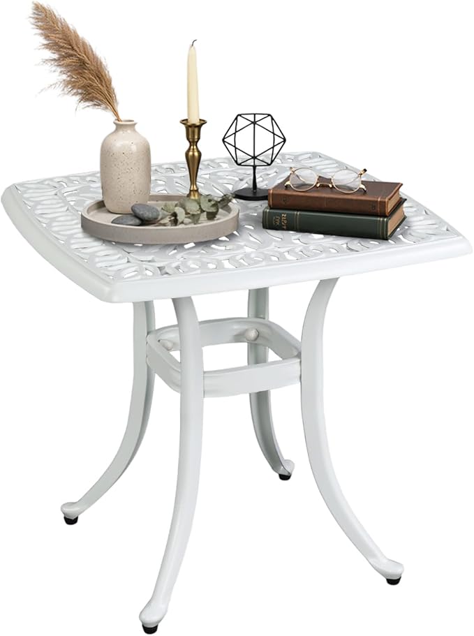 VINGLI 21” Cast Aluminum Outdoor Side Table with 1.6” Umbrella Hole, All Weather Square Patio Coffee Table Bistro Table End Table for Yard Porch Poolside(White)…