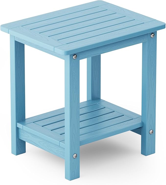 YEFU Outdoor Side Table for Patio: 16" HIPS Weather - Resistant Adirondack Tables - Waterproof Small Square End Tables for Backyard Pool Porch Balcony - Indoor Outdoor Double Layer Table Blue