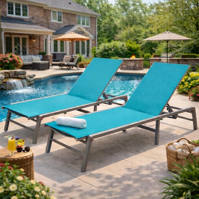 Kozyard 2-Pack Outdoor Lounge Chairs, Foldable Aluminum Frame Patio Chaise Lounge with 5-Position Adjustable Backrest, No Assembly, Breathable Textilene Fabric for Poolside Beach (Aqua, No Table)