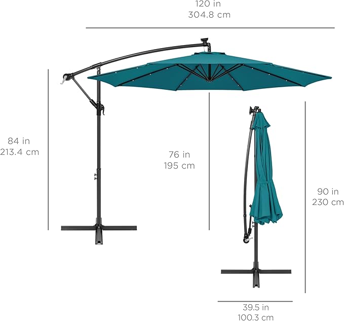 Best Choice Products 10ft Solar LED Offset Cantilever Hanging Market Patio Umbrella, 8 Sturdy Ribs, Easy Adjustment - Cerulean