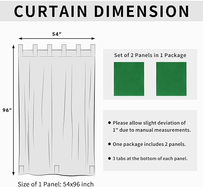 Easy-Going Outdoor Patio Curtains Detachable Tab Top Windproof Weatherproof Curtain for Cabana, Porch, Pergola and Gazebo, Tab Bottom Drape, 2 Panels, 54W x 96L inch, Green