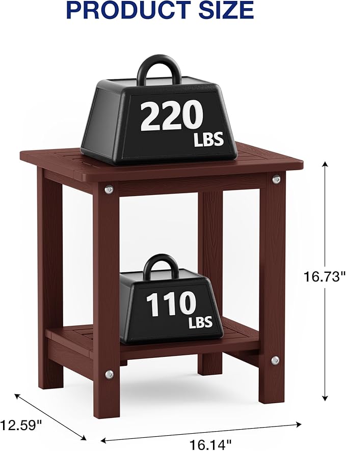 YEFU Outdoor Side Table for Patio: 16" HIPS Weather - Resistant Adirondack Tables - Waterproof Small Square End Tables for Backyard Living Room Bedroom - Indoor Outdoor Double Layer Table Coffee