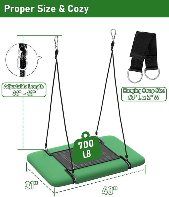 40" Retangular Tree Swing for Kids & Adults, Adjustable Platform Swing with Hanging Straps, 700lbs Capacity, Waterproof Giant Swings for Backyard Outdoor & Indoor Use, Green & Black