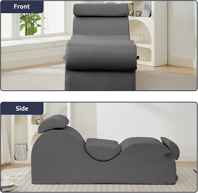 ijuicy Chaise Lounge Chair for Exercise, Indoor Lounger with Headrest, Waist Cushion, Movable Footrest, Side Pockets, Non-Slip Bottom - Yoga Chair with High Density Sponge, Light Grey