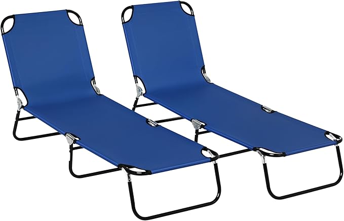Outsunny 2 Piece Folding Chaise Lounge Pool Chairs, Outdoor Sun Tanning Chairs with 5-Level Reclining Back, Steel Frame for Beach, Yard, Patio, Blue