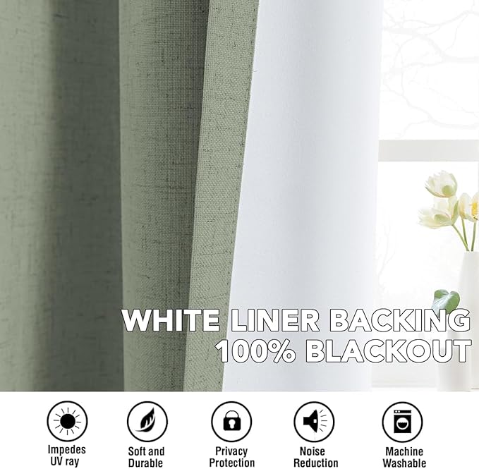 H.VERSAILTEX Linen Curtains 100% Blackout Curtains for Bedroom 54 inch Long Full Light Blocking Nature Linen Blended Window Curtains for Living Room Nickel Grommet (2 Panels, Heathered Dried Sage)