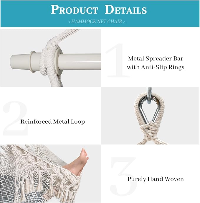 Handwoven Cotton Rope Hammock Chair with Metal Spreader Bar, Boho Hanging Chair Bedroom, Indoor Outdoor Swing Chair with Tassle, SandyBeach White