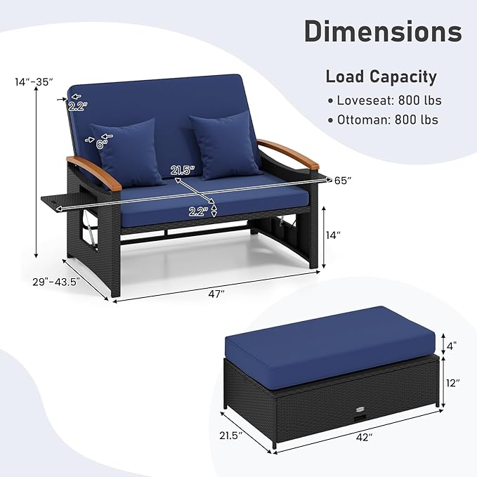 Moccha Outdoor Wicker Daybed, Patio Rattan Loveseat Sofa w/ 4-Level Adjustable Backrest, Folding Panels, Storage Ottoman & Cushions, Lounge Furniture Set for Poolside Backyard Porch (Navy & Black)