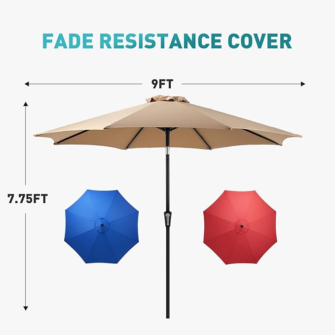 OLIXIS 9ft Patio Umbrella with Tilt and Crank Button & 8 Sturdy Ribs Waterproof, Patio Table Umbrella Perfect for Poolside, Terrace, Beach and Outdoor Restaurant, Khaki