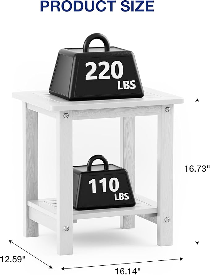 YEFU Outdoor Side Table for Patio: 16" HIPS Weather - Resistant Adirondack Tables Set of 2 - Small Square End Tables for Backyard Pool Porch Balcony - Indoor Outdoor Double Layer Table White