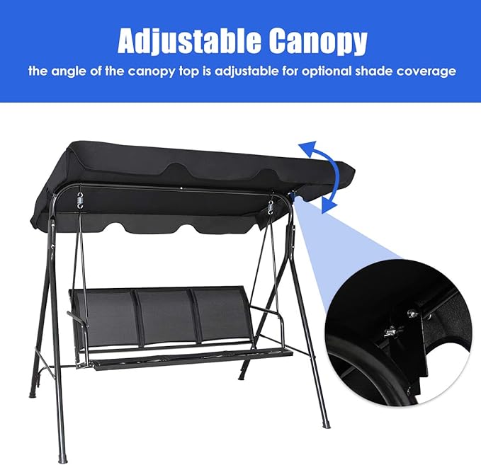 TANGKULA 3 Person Patio Swing, Steel Frame with Polyester Angle Adjustable Canopy, All Weather Resistant Swing Bench, Suitable for Patio, Garden, Poolside, Balcony (Black)