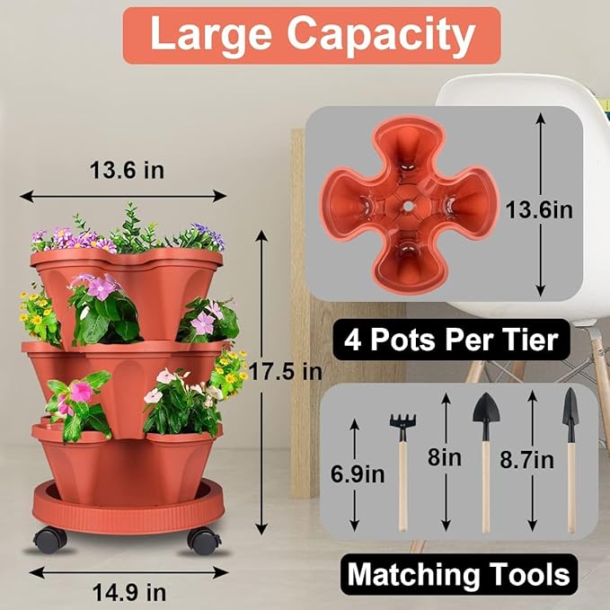 Vertical Planter 3 Tier Stackable Planters Garden Planters Strawberry Herb Flower and Vegetable Planter Indoor Outdoor Gardening Pots with Removable Wheels and Tools