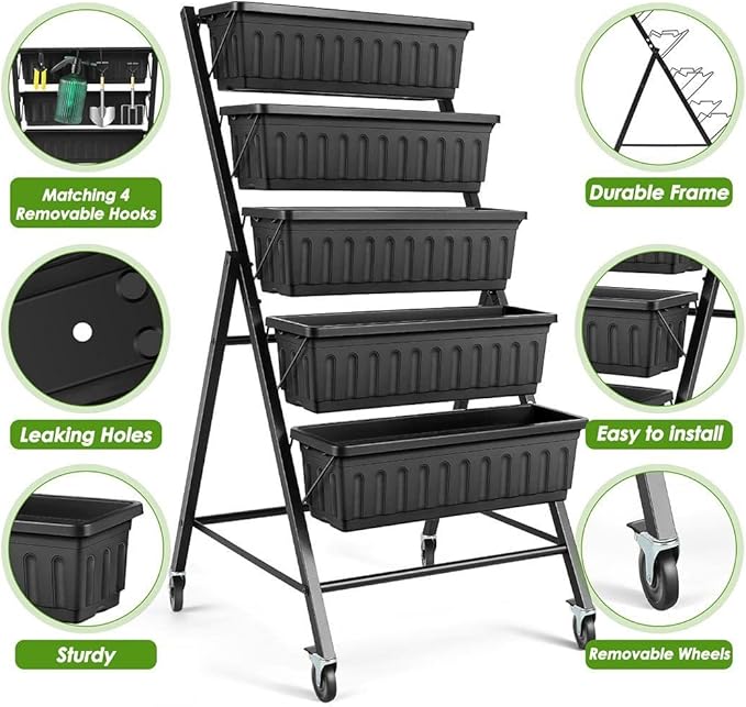 SEJOV 4FT Vertical Raised Garden Bed, 5-Tier Vertical Garden Planter with Drainage System, Larger Elevated Planter Box for Herb Vegetables Flowers Indoor Outdoor Planters (Black with Lockable Wheels)