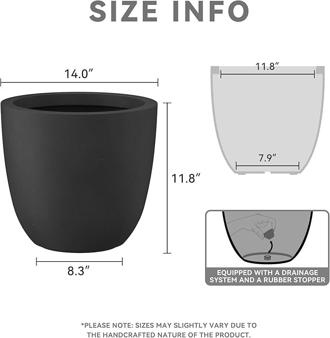 Kante 14 Inch Dia Round Concrete Planter, Indoor Outdoor Large Plant Pot with Drainage Hole and Rubber Plug for Home Patio Garden, Black