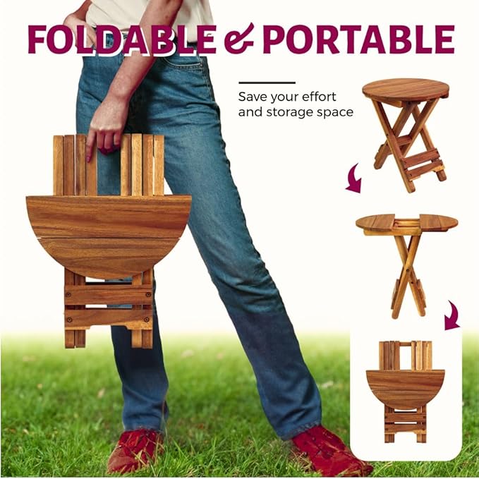 Small Patio Table, Outdoor Folding Side Table, Portable Side Table, Small Side Table, Accent Table, Small Coffee End Table, Wood Table Top for Living Room, Bedroom... (Round - Acacia - Set 2)