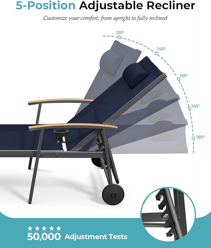 Ciokea Outdoor Lounge Chair with Pillow Set of 2, 5-Position Aluminum Chaise Lounge with Wheels & Armrests, 400 lbs Heavy Duty Patio Pool Chair for Backyard, Deck, Beach & Poolside, Navy Blue