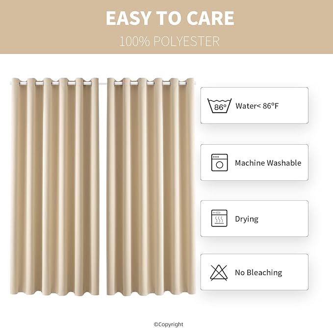 Waterproof Outdoor Curtain W84 x L84 - Grommet Top Sunlight Blocking Window Treatment Drapes Blackout Curtains for Home Bedroom Living Room Patio Porch Cabana Gazebo (Beige, 2 Panels)