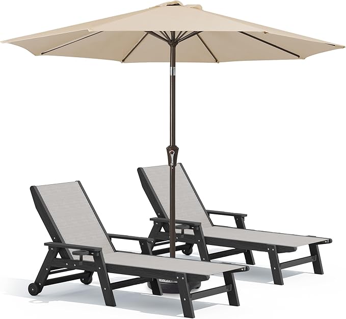 SERWALL Textilene Patio Chaise Lounge Chair Set of 2 with 9FT Patio Umbrella, 5 Positions Outdoor Lounger with Rolling Wheels for Pool, Deck, Black (Umbreall Base not Included)